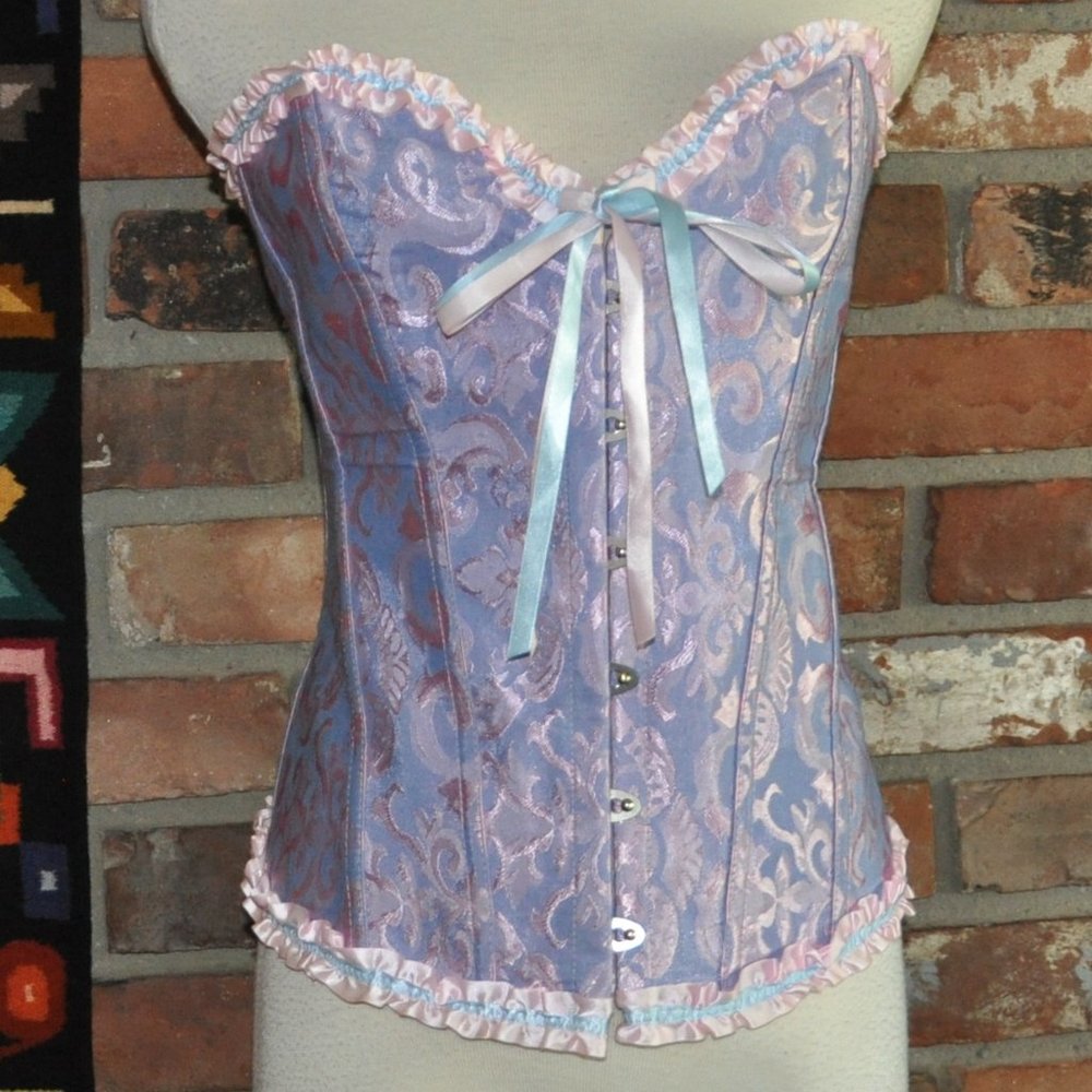 Indigo Blue & Shiny Pink Back Lace-up, Corset Bustier, Metal front Closure XL